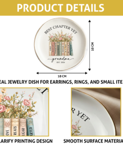 Personalized grandma jewelry dish with gold trim, floral watercolor design and a row of storybook-style books reading "Kindness," "How To Love," and "Full Hearted," personalized with "grandma Est. 2026" and the phrase "Best Chapter Yet"