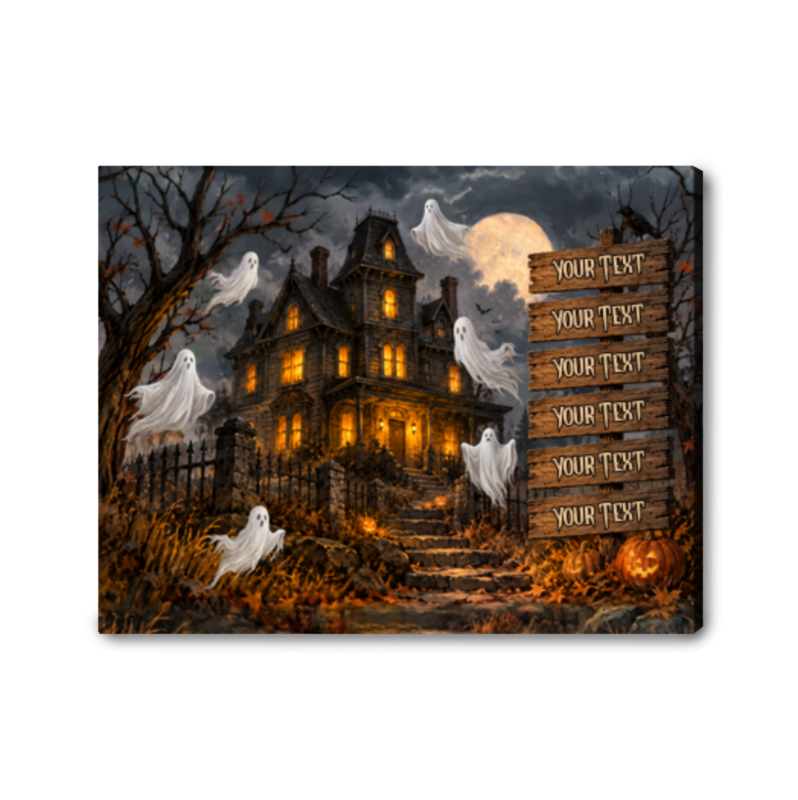 Personalized Halloween family canvas with a glowing Victorian haunted mansion, drifting ghosts, jack-o'-lanterns, and a full moon, featuring a custom family name sign reading "Elmer, Fiona, Joyce, Jena" at the gate