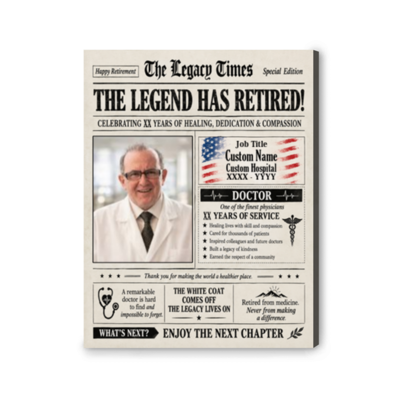 Personalized doctor retirement canvas, a custom newspaper-style canvas headlined "The Legend Has Retired!" with a photo of a smiling doctor, name, hospital, and years of service styled like a special edition front page